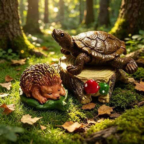 3 pcs Hedgehogs Turtle Statue Stump Sculpture,Fairy Wild Garden Decor Supplies, Cute Outdoor/Indoor Garden Ornament for Patio, Yard, Flower Bed, Home Decoration