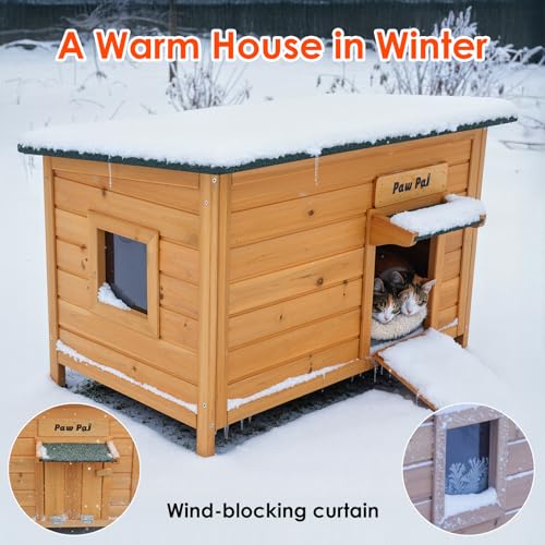 Paw Pal Outdoor Cat House，Outdoor Cat House Weatherproof, Openable Asphalt Roofs，Cat House for Cats, Rabbit, Dog, Small to Medium Pets, Insulated Cat Houses, Large Wooden Cat Houses - style: Large: 33.5" * 21.7" * 21.7"