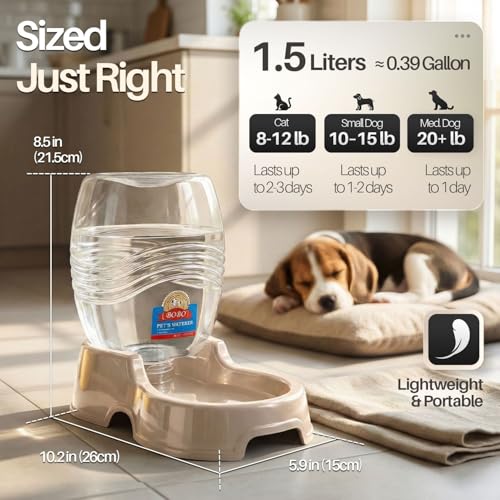 Flexzion Gravity Pet Water Dispenser for Cats & Small Dogs, 1/4 Gal Beige | Automatic Cat and Dog Waterer with 900 Ml Reservoir, Non-Skid Feet, Recessed Carry Handle, and Easy-Clean Pp Bowl - color: Beige, size: 1.5 L