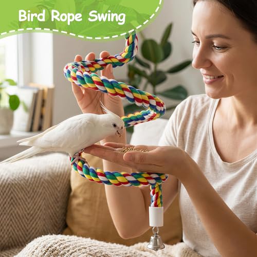 40" Bendable Cotton Bird Rope Perch Swing Set, Colorful Cage Accessories for Parrots Conures Cockatiels Lovebirds Budgerigars Parakeets