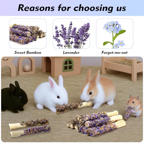 Abizoo Bunny Toys for Rabbits Natural Sweet Bamboo Bunny Chew Sticks Coated with Flower & Hay, Interactive Treats for Rabbit Guinea Pig Chinchilla