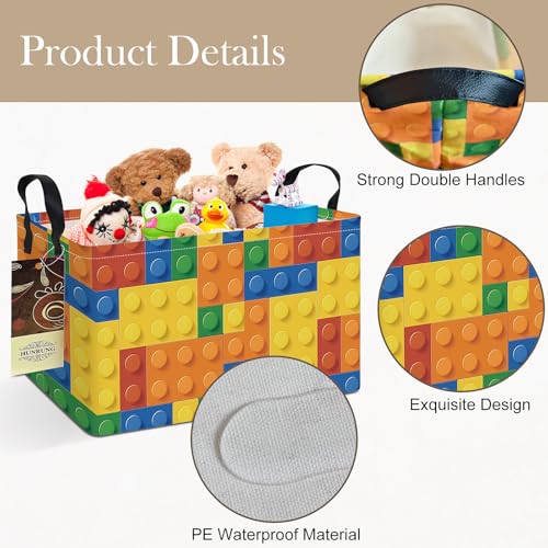 Rectangle Foldable Storage Basket Handles For Home, Colorful Blocks | Waterproof canvas material, reinforced handles, perfect for shelf use, organizes clothes, daily items and pet supplies - color: REC-Colorful Blocks