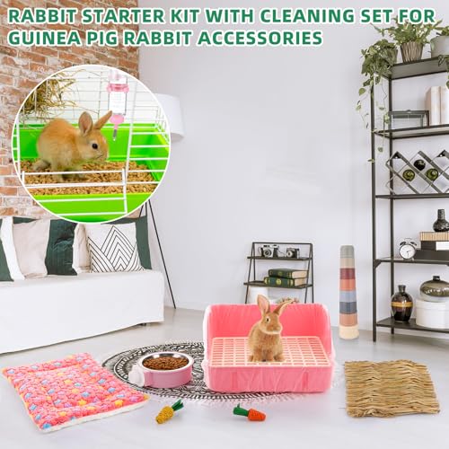 34 Pcs Rabbit Starter Kit Rabbit Litter Box Small Animal Water Bottle Cups Bunny Tunnels Animal Grooming Kit Bowl Blanket with Cleaning Set for Guinea Pig Bunny(Style 1,Light Pink)