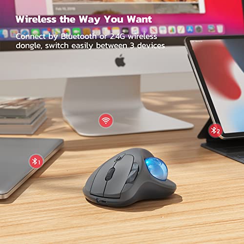 Nulea M501 Wireless Trackball Mouse Ergonomic Thumb Control, 4 DPI Levels | Rechargeable mouse with Bluetooth USB receiver,3 device use,smooth tracking,compatible with PC Mac Windows-Blue Grey