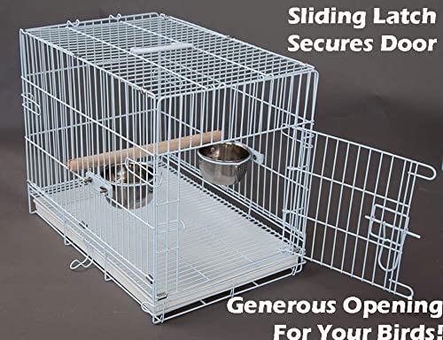 Large Portable Durable Metal Travel or Veterinary Easy Collapsable Parrot Bird Carrier Bite-Proof Carrier Cage Easy Clean Pull Out Tray Stainless Steel Feeder Bowls Natural Wooden Perch - color: White