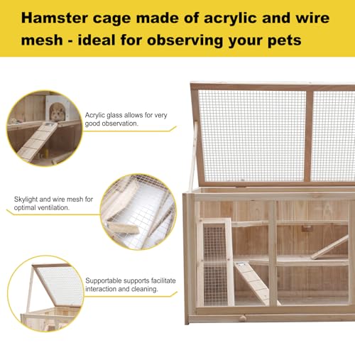 Wooden Large Hamster Cage, 3 Tier Small Animal Habitat with Tray, Natural Wood Exercise Play House for Hamsters