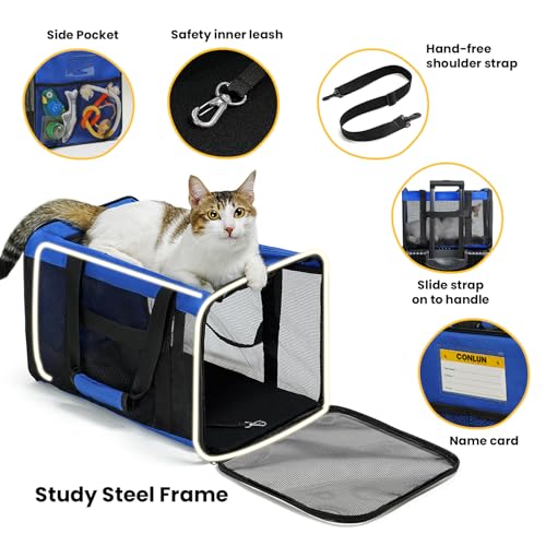 Conlun Cat Carrier Bag,Soft-Sided Pet Carriers for Dogs with 4-Sided Mesh,Airline Approved Cat Transport Carrier for Small&Medium Cats Kitten Puppy Up to 15LB,Collapsible Cat Travel Carrier-M,Blue - color: Blue, size: M