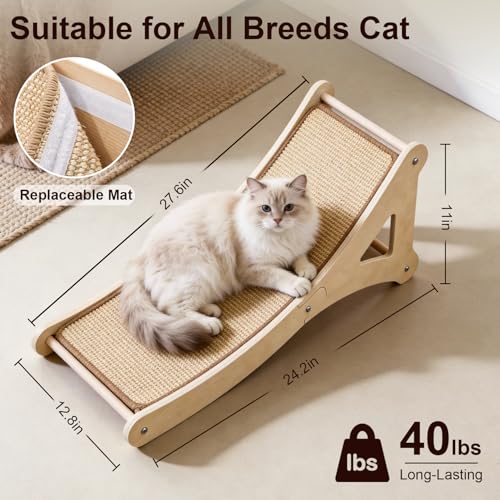 Sisal Cat Scratcher, Cat Scratching Board with Mouse Toy | 24” Wooden Ramp, Vertical and Horizontal Use for Wall and Floor, Easy Assembly, Climb and Scratch Fun, Protects Furniture