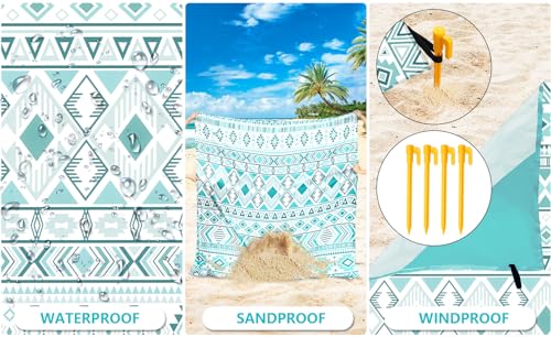 WIWIGO Beach Blanket Mat Waterproof Sandproof for 2-8 Adults Quick Drying | Extra Large, For 2-8 Adults,Windproof, Outdoor Picnic Mat, Beach Accessories Must Have,Gifts, for Travel, Camping, Hiking - color: Bohemian Style Green and Black, size: 79" X 83"（