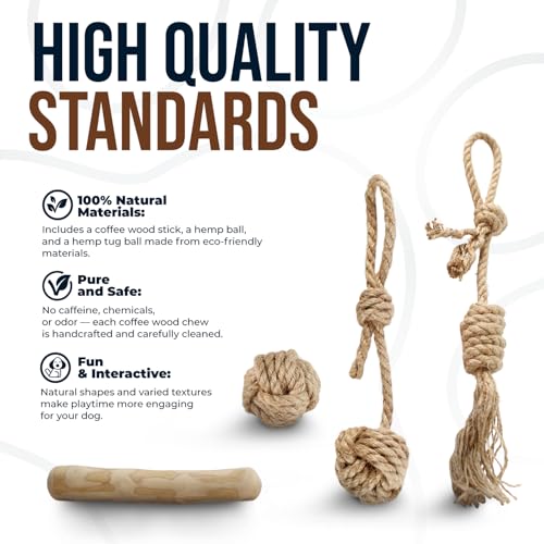 4Pcs Coffee Wood Chew Stick & Hemp Dog Ball Toy for Small & Medium Dog 25-50lbs, 100% Natural, Teething Chewing Interactive to Keep Them Busy, Wood Chew Toy for Birthday