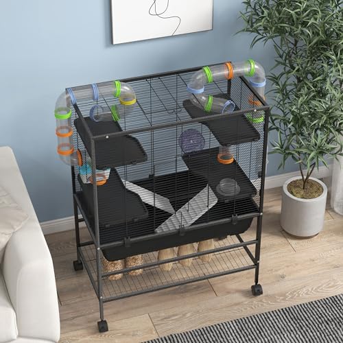 PawHut 32" Large Hamster Cage with Storage Shelf for Syrian Hamster, Tubes | Rat Cage, for Gerbils, Running Wheel, Food Dish, Water Bottle