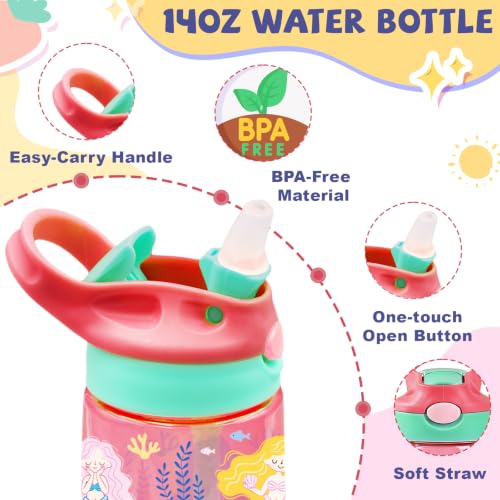 Kids Plastic Water Bottle - Mermaid Water Bottles for Kids, 14oz Plastic Water Bottles with Straw Lid, Leakproof BPA-Free Mermaid Water Bottle for Home Sports Travel, Pop-Up Straw Cover, Pink - color: Mermaid