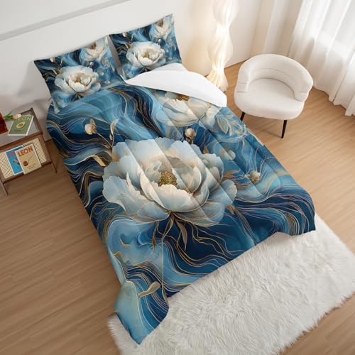 HOSIMA Floral Bedding Sets Full for Women Girls Room Decor,Blue Golden Marble Grain Ink Fluid Art Comforter Floral Bedding,Fluffy White Flowers Pattern Lightweight Comforter with 2 Pillowcases. - color: Blue-a, size: Full