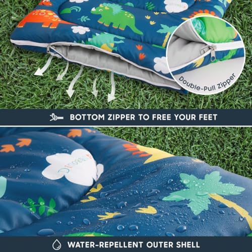 Wake In Cloud - Kids Sleeping Bag for Boys Toddlers, Camping in Warm Cold Weather, Backpacking Lightweight Compact Outdoor Liner for 3 Seasons, Cartoon Jurassic Dinosaur - color: Navy Blue