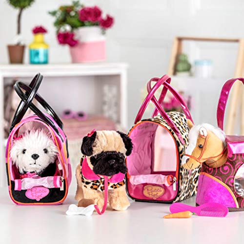Pucci Pups Plush Puppy Carrier Set, Bichon Frise Polka Dot Bag, Pet | 3-piece stuffed animal set with plush Bichon Frise, pink polka dot carrier bag, comb, and mesh zip front, Pet, 2+ Years - style: Bichon Frisé & Hot Pink Bag