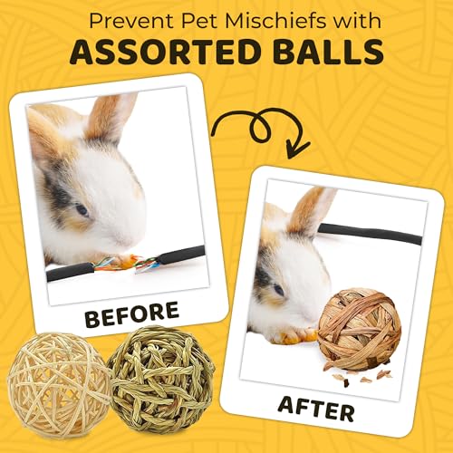 SunGrow 3 Pack Rabbit Chew Ball, Assorted Grass Teething Toy for Small Pocket Pet, Dental Wear Support, Boredom Relief Activity, Safe Woven Treat Enrichment for Bunny Guinea Pig Hamster Rat