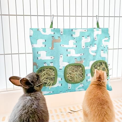 Lesnala 2 Pcs Canvas Hanging Bunny Hay Feeder Bags 3 Holes 2 Styles | Rabbit hay feeder Bag, Guinea Pig Hay Bag, Large Capacity Cotton Canvas Fabric, for Chinchillas Hamsters & Other Small Pets - color: green