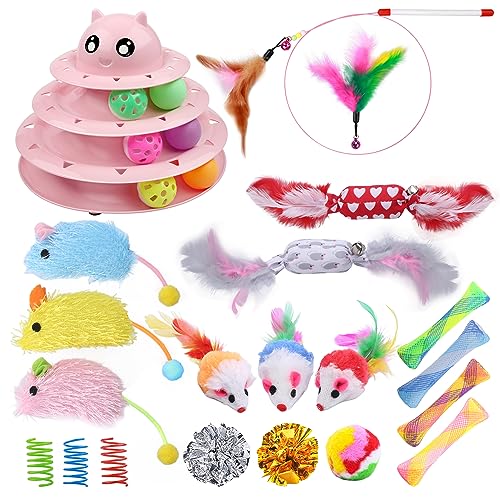 UPSKY 24 PCS Cat Toys Set with Teaser, Mice, Spring, and Various Ball Toys | Puzzle Kitten Toys, Sturdy Structure, Detachable Design, Easy to Assemble, Anti-Slip, Reduces Boredom for Indoor Cats - color: D-24PCS-Pink