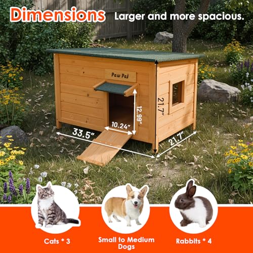 Paw Pal Outdoor Cat House，Outdoor Cat House Weatherproof, Openable Asphalt Roofs，Cat House for Cats, Rabbit, Dog, Small to Medium Pets, Insulated Cat Houses, Large Wooden Cat Houses - style: Large: 33.5" * 21.7" * 21.7"