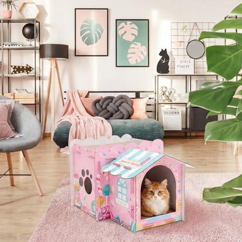 Lineshading 2 Story Cardboard Cat House with Scratcher Pad, Multi Level Durable Cat Scratcher House for Small Kitten Bunny Rabbit Animals Christmas Birthday Gift(17x12x10,Confectionery) - style: Confectionery