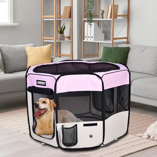 Jespet Soft Dog Playpen, Portable Pet Exercise Pen Kennel with Carry Bag | 2-Door, Easy to Fold, Ground Stakes, Zipper Locks, Large Storage Pocket, Washable Top Mesh Cover & Bottom Cover - color: Pink, style: 36x36x24 Inch (Pack of 1)