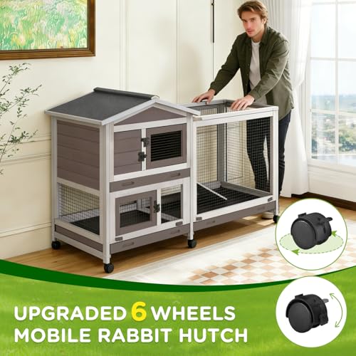 Gutinneen Large Indoor Rabbit Hutch Bunny Cage with Chew-Proof Ramp, Locking Leak-Proof Trays - Outdoor 62" Wooden Rabbit Cage with 6 Wheels for Rabbits, Guinea Pigs, Small Animals (Brown)