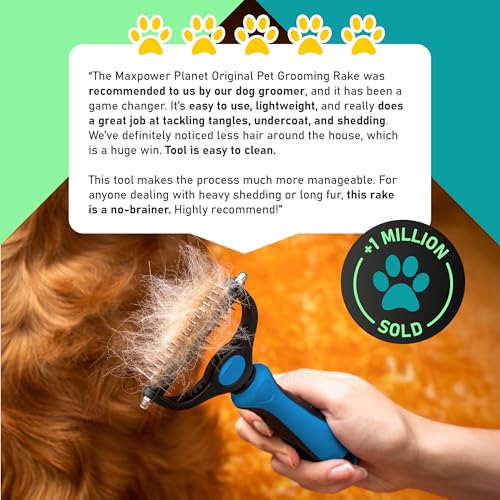 Maxpower Planet Dog Grooming Rake, Deshedding Undercoat Brush, Dogs & Cats | Blue Deshedding & Dematting, Extra-Wide Double-Sided Comb, Long-Haired Coats, Reduces Shedding, Original Design - color: Blue, size: Large