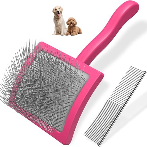 2PCS Slicker Brush for Dogs & Pet Comb,Professional Dog Grooming Brush (Goldendoodles,Poodles,Labradoodles) with Extra Long Pins to Effectively Remove Tangles, Knots and Mats (Pink, Large) - color: Pink, size: Large