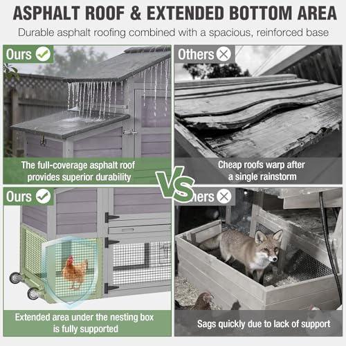 Mobile Chicken Coop with Run, Large Outdoor Wooden Poultry Cage Hen House with Wheels, Nesting Box, Pull-Out Tray, Waterproof Roof, Grey, 79.1" L x 25.2" W x 43.6" H, for 4-6 Chickens - size: 79.1"L x 25.2"W x 43.6"H