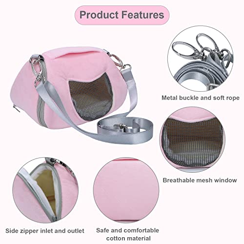Litewoo Hamster Travel Carrier Portable Bag with Adjustable Strap, Pink, L | Warm velvet fabric, side mesh design, foldable storage, pouch for small animal/sugar glider/rat/squirrel - color: Pink, size: 7.1"L x 7.1"W x 7.1"H