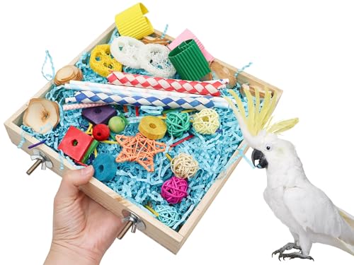 Jinkoozz Bird Foraging Toys Box, Wooden Parrot Shredding Toys Box, Bird Chewing Toys, Birdcage Accessories, Suitable for Small Birds Parakeets Cockatiels Love Birds Conures
