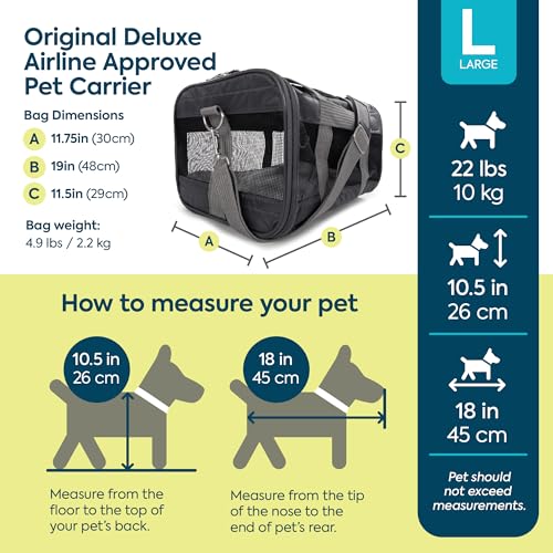Sherpa Pet Carrier Airline Approved with Spring Wire Frame - Cat Carrier and Dog Carriers for Airline Travel and Vet Visits, Mesh Ventilation, Locking Zippers - Charcoal Grey, Large - color: Charcoal Gray, size: 19.0"L x 11.5"W x 11.8"H