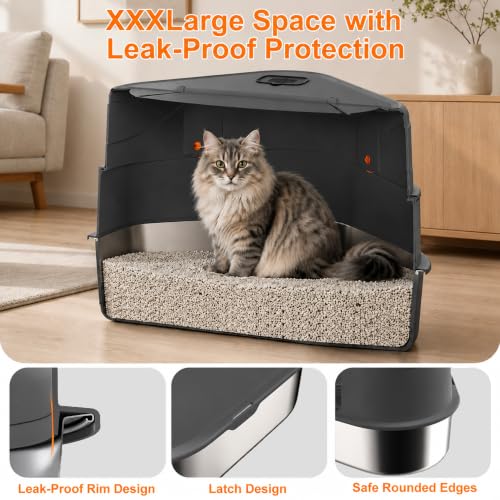 Gimars XXXL Stainless Steel Enclosed Corner Cat Litter Box with Lid, Triangle Design 27" x 20" x 17", High Sided Metal Enclosure for Large Cats, Space Saving Odor Control System