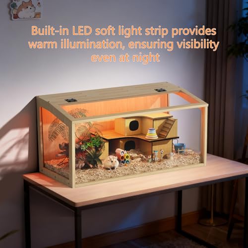 Hamster Cage: 32Inch Wooden Small Animal Cage with Warm Light | Large Clear Hamster House Chewy Proof with Openable Breathable Top - size: 31.5"L x 15.8"W x 15.8"H