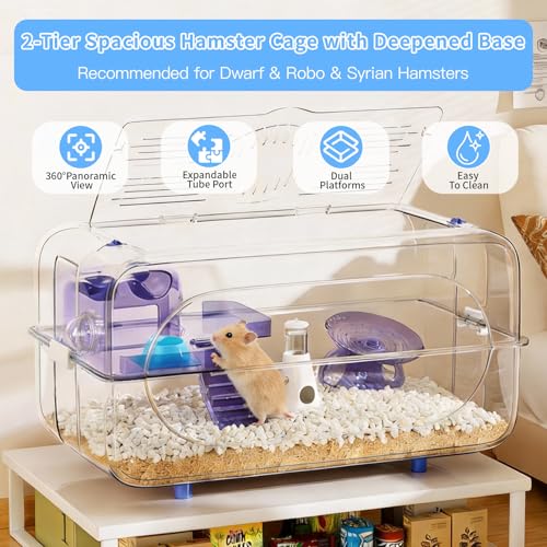 Large Hamster Cage Kit 24x13x14in for Syrian Hamsters & Dwarf Hamsters | with Deepened Base 6″H, Large Platform, Exercise Wheel, 2 Hide-Houses, Water Bottle, Food Bowl, Ladder, Tube Port
