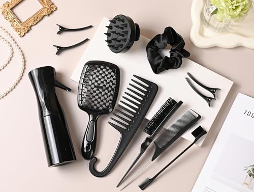 12 Pcs Hair Styling Brush Set with Detangler, Teasing, Rat Tail, Edge Brushes and Baby Hair Brushes - Soft Bristles for Baby Girls and Women (Black) - color: Black