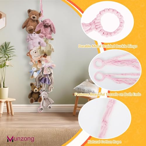 Munzong Pink Hanging Stuffed Animal Storage Chain, 40 Metal Clips 80 Inch | Wall Mount Cotton Stuffed Animal Display Holder for Corner Wall Decor Play Room - color: Pink, size: 2 Pack