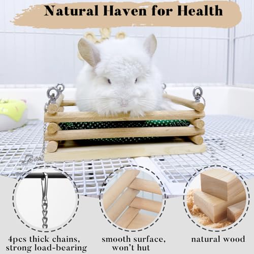Wooden Chinchilla Hammock & Swing Set - Soft Mat Bed with Kiln-Dried Pine Ledges for Chinchillas - Habitat Enrichment & Exercise