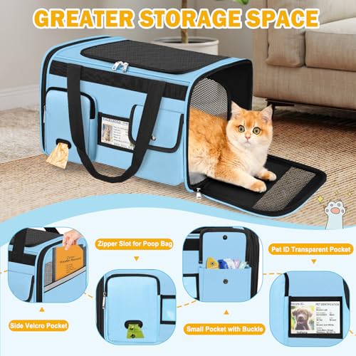 HUANLANG Large Cat Carrier Travel Soft Sided Pet Carrier Airline Approved | Dog Carriers for Small Dogs Medium Cats,Collapsible,3 Storage,zipper lock,Reflective strips,Luggage Strap, Up to 15 Lbs - color: Light Blue