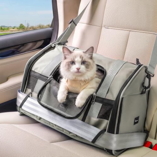 Soft-Sided Travel Cat Carrier with Safety Buckles, Lockable Zippers & Safety Tether, Escape-Proof Collapsible Pet Carrier for Car Rides & Vet Visits, Airline Approved Underseat, Up to 12lbs - color: Grey