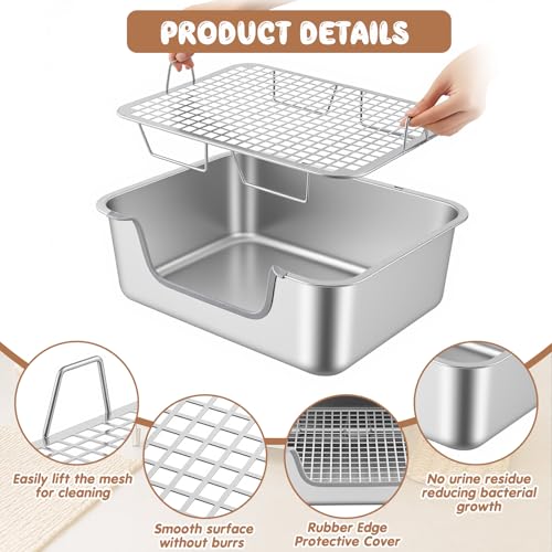 2 Pack XL Stainless Steel Rabbit Litter Box with Grate, Heavy Duty Bunny Litter Tray, Chew Proof, Odor Resistant and Easy Clean, Low Entry Potty Box for Rabbits, Guinea Pigs and Ferrets