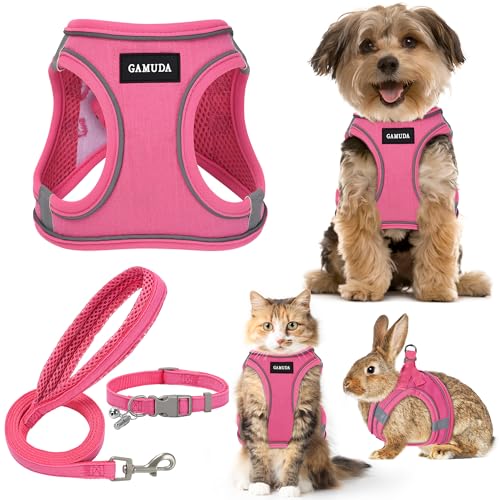 GAMUDA Small Pet Harness Collar and Leash Set, Step in No Chock No Pull Linen Fabric Soft Mesh Dog Vest Harnesses Reflective for Dogs Puppy Cats Kitten Rabbit (Pink, XXS) - color: Pink, size: XXS