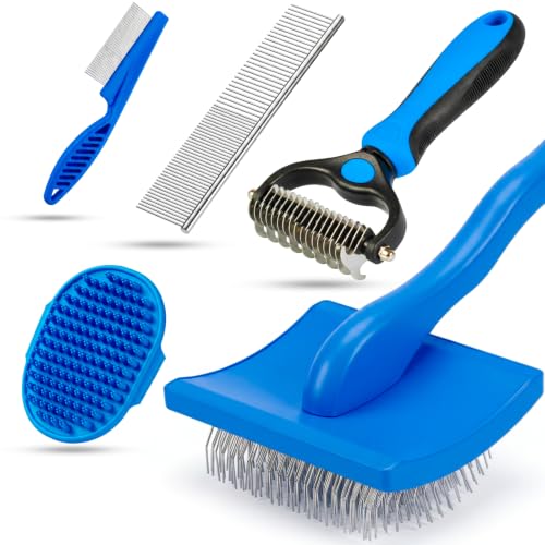 5 in 1 Pet Grooming Kit 5PCS,Large Dog Brush for Goldendoodles Poodles Doodles,Dematting Comb, Metal Comb, Flea Comb, Silicone Bath Brush Pin Haired Brush,Poodle Brushes and Comb（blue）