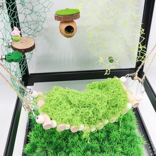 Jumping Spider Enclosure Accessories, Wooden Bridge with 7 Steps and Green Clusters Simulate Moss, Magnetic Jumping Spider Habitat Enclosure Decor