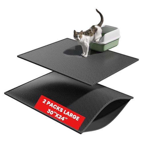Pieviev Double Layer Cat Litter Mat Traps Scattered Litter 30''x24'' 2 Pack | Waterproof Urine Resistant Layer Litter Box Mat, Easy Collection, Soft on Kitty Paws, Black Color for Indoor Cats - color: Black