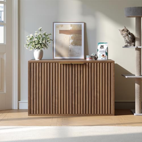 Evermagin 31.5" Cat Litter Box Enclosure Furniture, Walnut | Hidden Litter Box Cabinet, Modern Indoor Cat House, Fluted Kitty End Table for Living Room, Bedroom, Entryway - color: Walnut