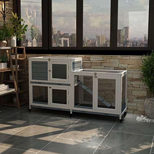 GDLF 58" Rabbit Hutch, Bunny Cage Indoor with Wheels & Cleaning Tray | 58"L x 17.8"W x 34.6"H, 2-Level Design with Wheels, Ramp & No-Leak Cleaning Tray for Rabbits, Guinea Pigs and Small Animals