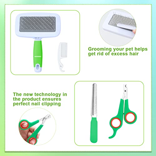 VCZONE 8 Pcs Small Animal Grooming Kit, Pink with Pet Nail Clipper and File, Flea Comb, Pet Shampoo Bath Brush, Pet Shedding Slicker Brush, Bath Massage Glove, Cleaning Comb (Green) - color: Green