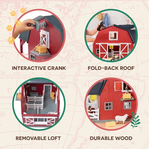 Terra by Battat – 20 Pieces Wooden Animal Barn Toy Set – Farm Animals & Play Fence – Pretend Play for Toddlers & 3+ Years – Educational Toys – Farmhouse Playset | Wooden farm toy set with 1 barn, 10 fences, ladder, 4 hay bales, 2 troughs, pulley tray and