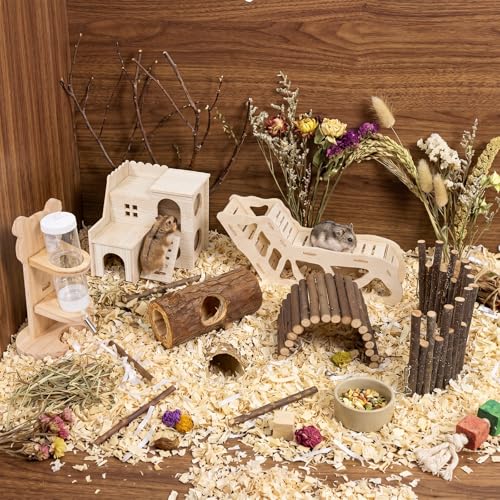 BreezeHug 6 Pcs Hamster Wooden Cage Accessories Include Hideout Climbing Tunnel Maze Wood House Natural Tunnel Tube Flexible Bridge Fence Water Bottle Toy Set for Small Animals Syrian Gerbil Rat - style: Stylish